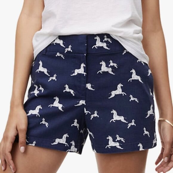 LOFT Womens Blue White Linen Cotton Horse Novelty Print Pockets Shorts Size 6 - Picture 1 of 7